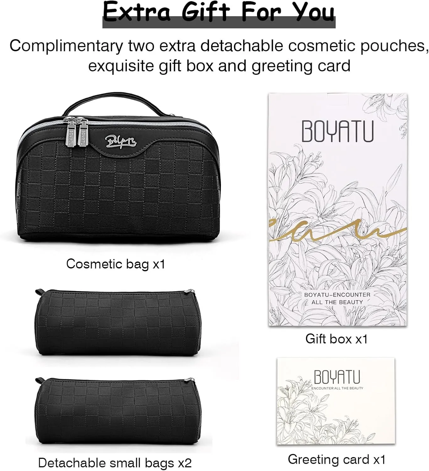 BOYATU Travel Makeup Bag Organizer Cosmetic Bag: 3 Pcs Set Make up Bags for Women with Handle - Waterproof Vegan Leather Toiletry Bags with Comparments (C-02-Black)