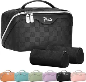 BOYATU Travel Makeup Bag Organizer Cosmetic Bag: 3 Pcs Set Make up Bags for Women with Handle - Waterproof Vegan Leather Toiletry Bags with Comparments (C-02-Black)