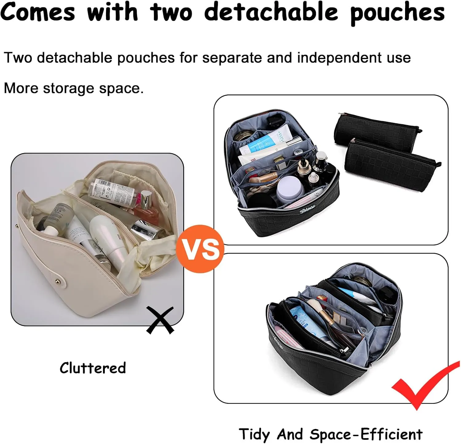 BOYATU Travel Makeup Bag Organizer Cosmetic Bag: 3 Pcs Set Make up Bags for Women with Handle - Waterproof Vegan Leather Toiletry Bags with Comparments (C-02-Black)
