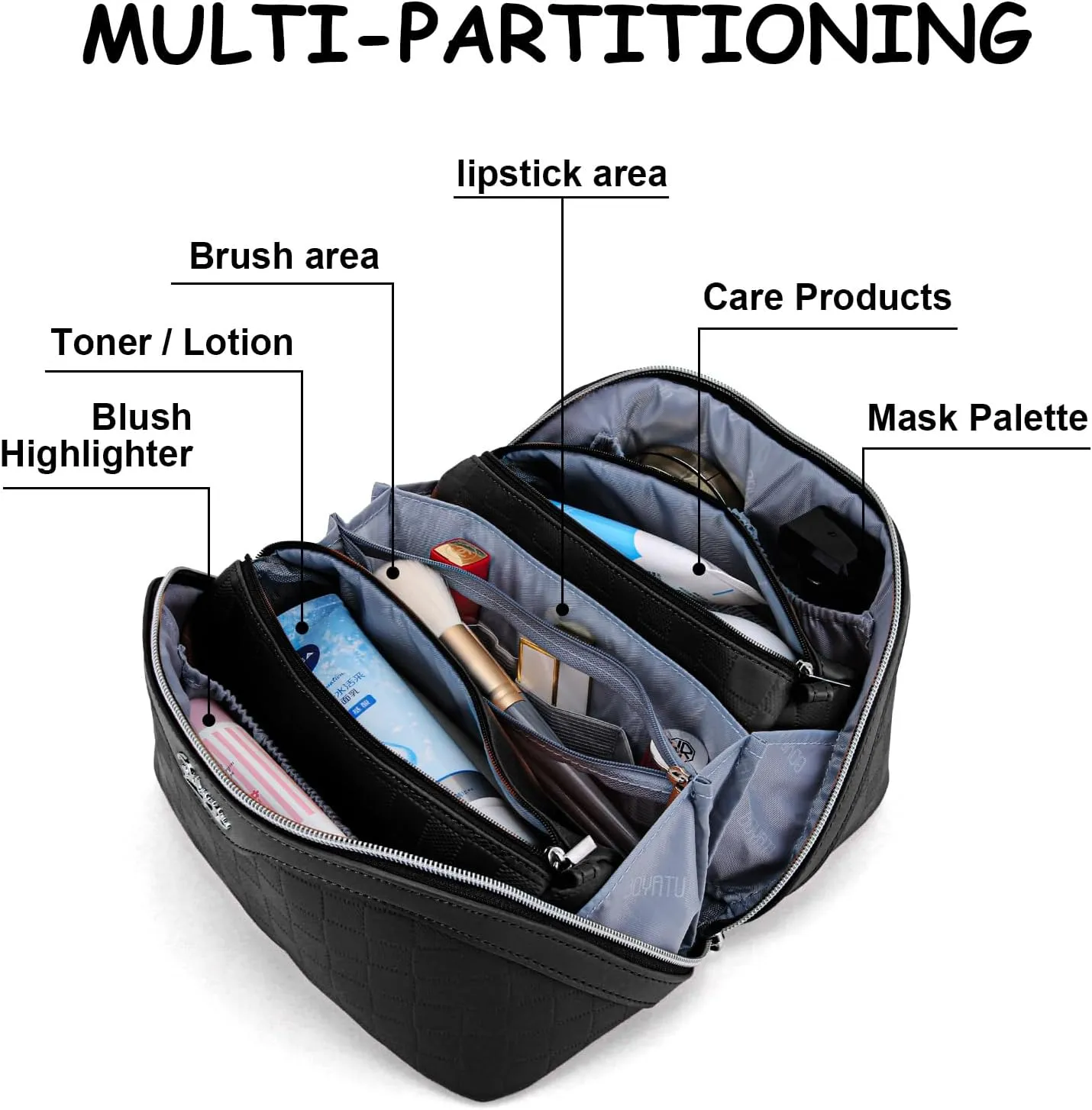 BOYATU Travel Makeup Bag Organizer Cosmetic Bag: 3 Pcs Set Make up Bags for Women with Handle - Waterproof Vegan Leather Toiletry Bags with Comparments (C-02-Black)