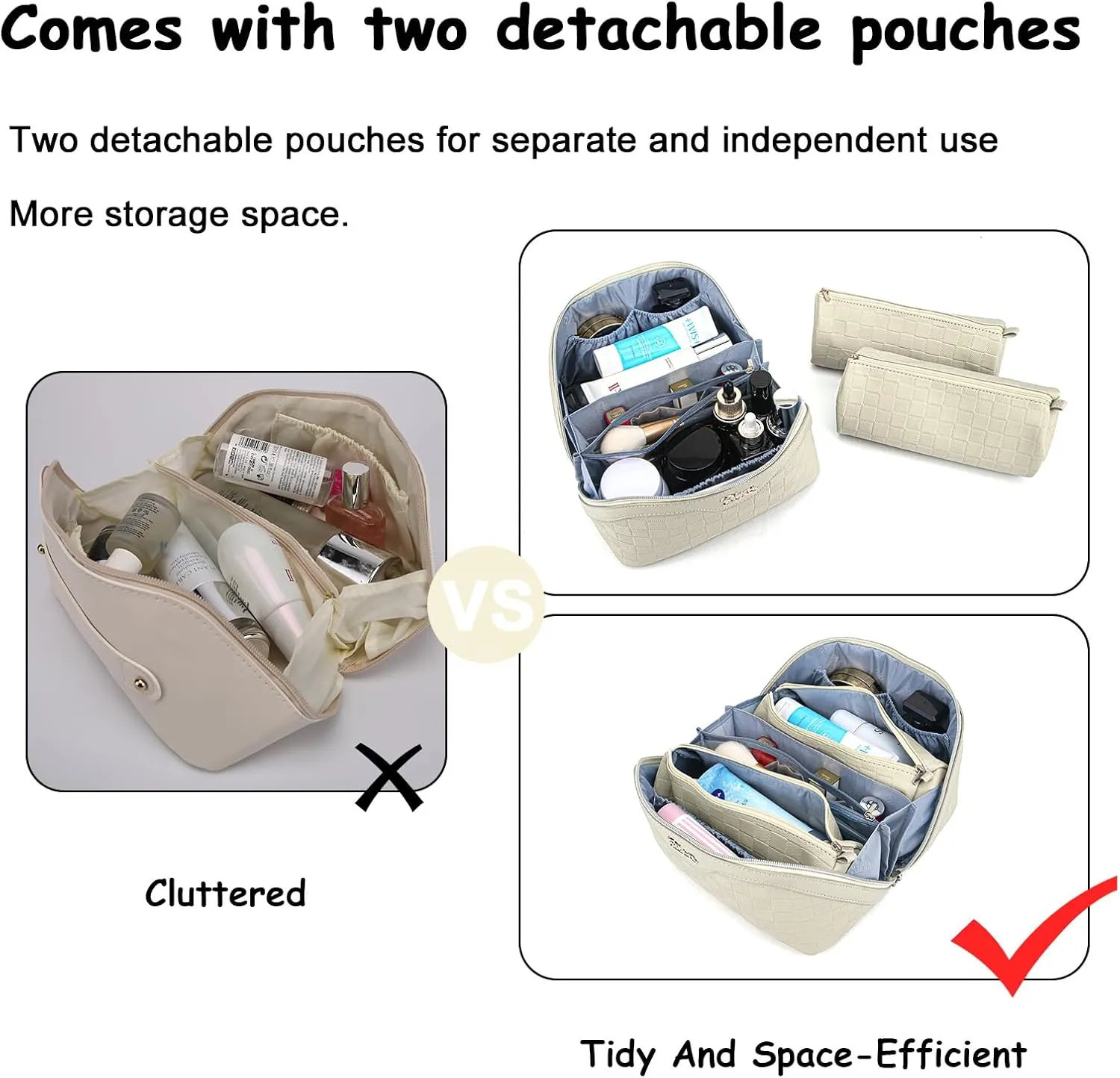 BOYATU Travel Makeup Bag Organizer Cosmetic Bag: 3 Pcs Set Make up Bags for Women with Handle - Waterproof Vegan Leather Toiletry Bags with Comparments (C-04-Beige)