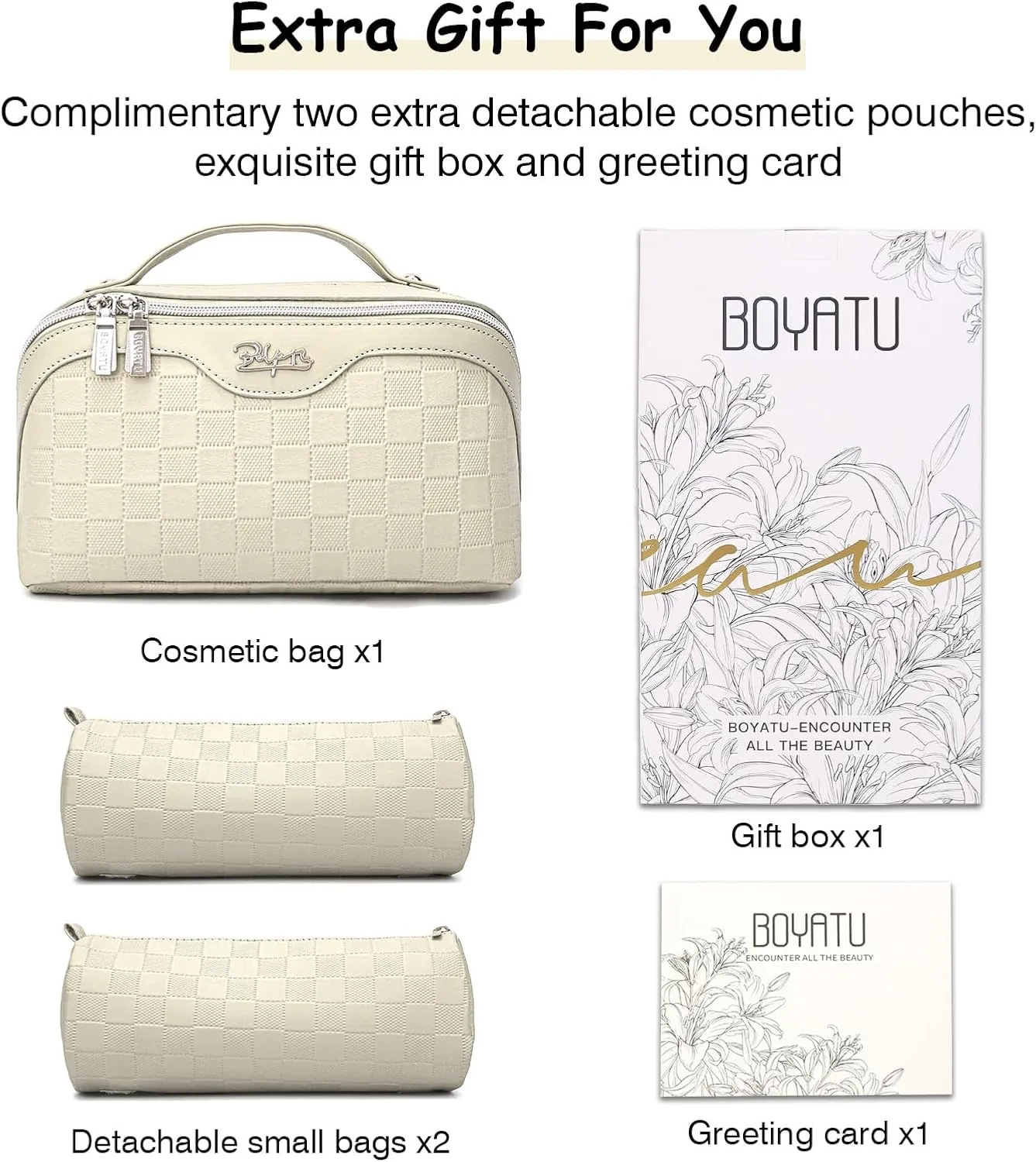 BOYATU Travel Makeup Bag Organizer Cosmetic Bag: 3 Pcs Set Make up Bags for Women with Handle - Waterproof Vegan Leather Toiletry Bags with Comparments (C-04-Beige)