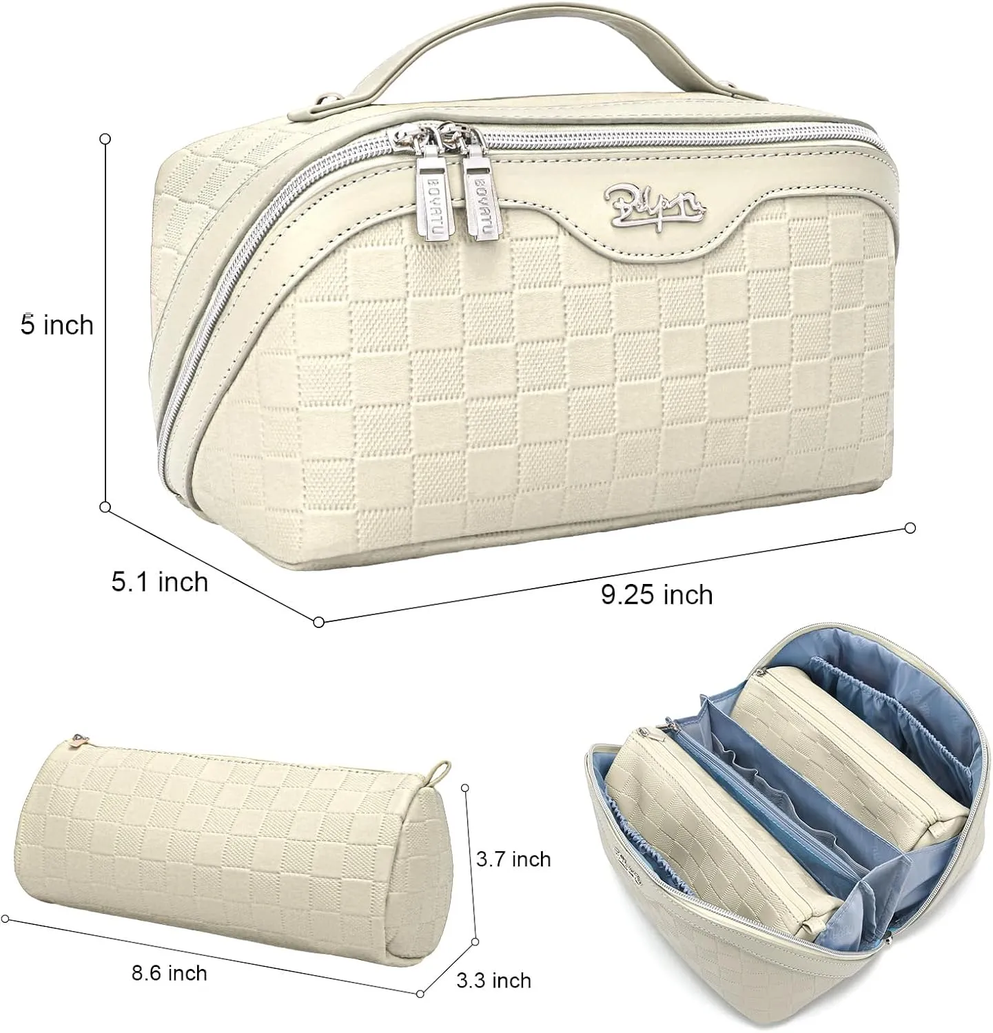 BOYATU Travel Makeup Bag Organizer Cosmetic Bag: 3 Pcs Set Make up Bags for Women with Handle - Waterproof Vegan Leather Toiletry Bags with Comparments (C-04-Beige)