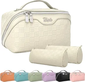 BOYATU Travel Makeup Bag Organizer Cosmetic Bag: 3 Pcs Set Make up Bags for Women with Handle - Waterproof Vegan Leather Toiletry Bags with Comparments (C-04-Beige)