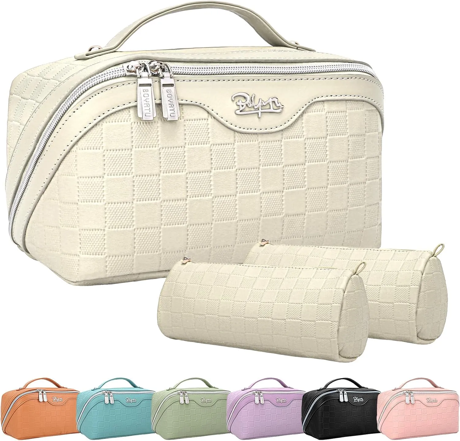 BOYATU Travel Makeup Bag Organizer Cosmetic Bag: 3 Pcs Set Make up Bags for Women with Handle - Waterproof Vegan Leather Toiletry Bags with Comparments (C-04-Beige)