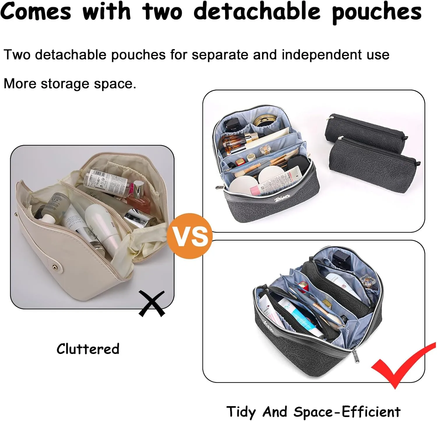 BOYATU Travel Makeup Bags for Women: Vegan Leather Cosmetic Bag Set of 3 - Large Capacity Make up Bag with Divider - Wide Open Waterproof Toiletry Organizer Bag with Handle (L12-Black)