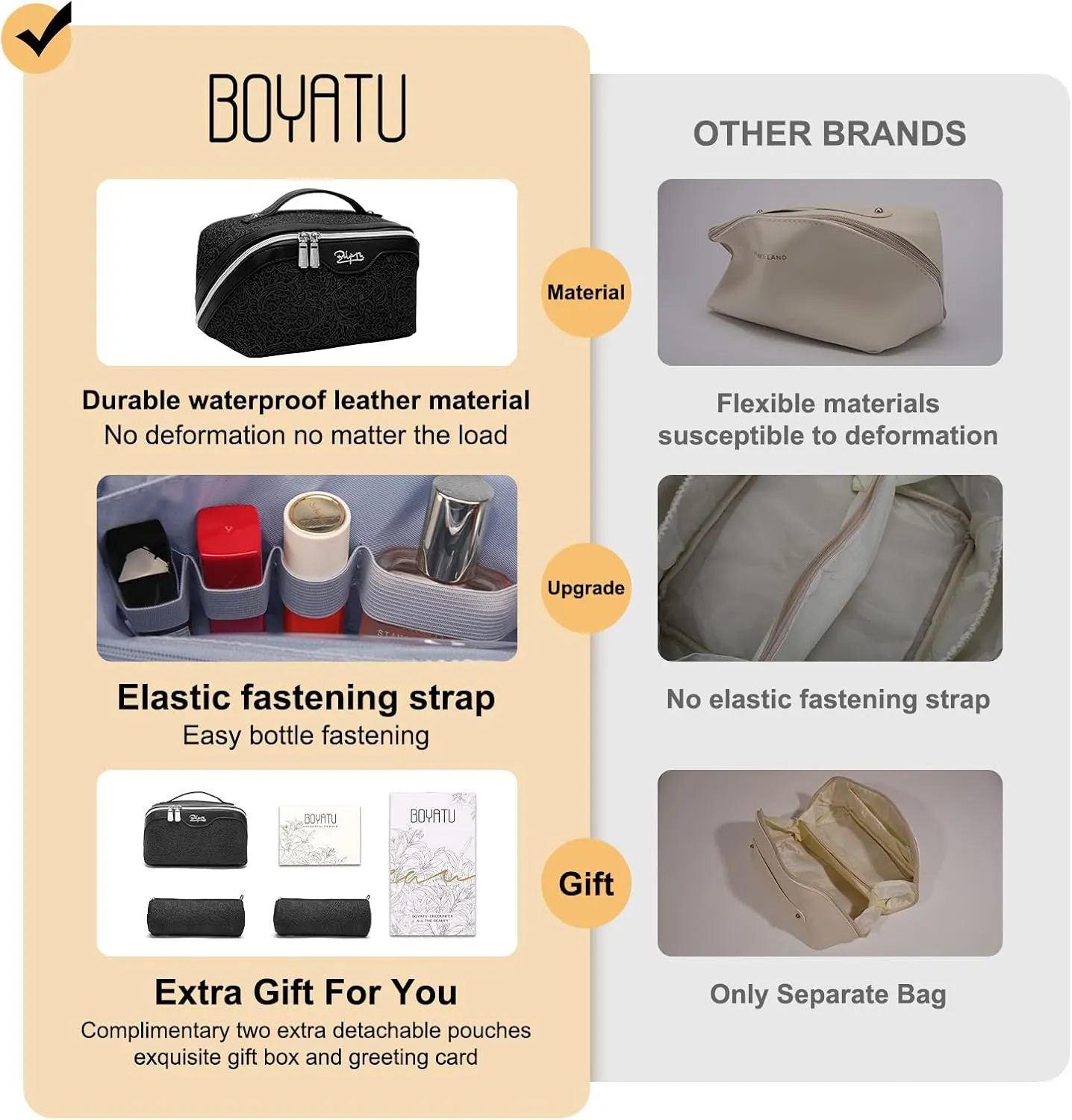 BOYATU Travel Makeup Bags for Women: Vegan Leather Cosmetic Bag Set of 3 - Large Capacity Make up Bag with Divider - Wide Open Waterproof Toiletry Organizer Bag with Handle (L12-Black)