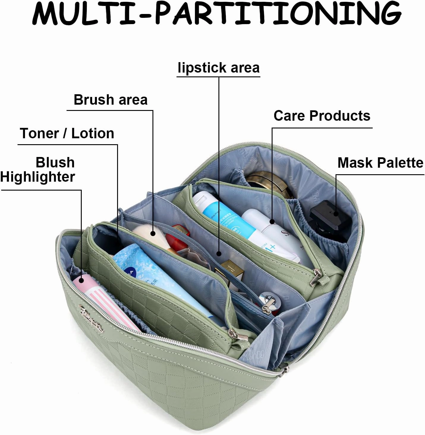 BOYATU Travel Makeup Bag Organizer Cosmetic Bag: 3 Pcs Set Make up Bags for Women with Handle - Waterproof Vegan Leather Toiletry Bags with Comparments (C-06-Green)