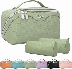 BOYATU Travel Makeup Bag Organizer Cosmetic Bag: 3 Pcs Set Make up Bags for Women with Handle - Waterproof Vegan Leather Toiletry Bags with Comparments (C-06-Green)