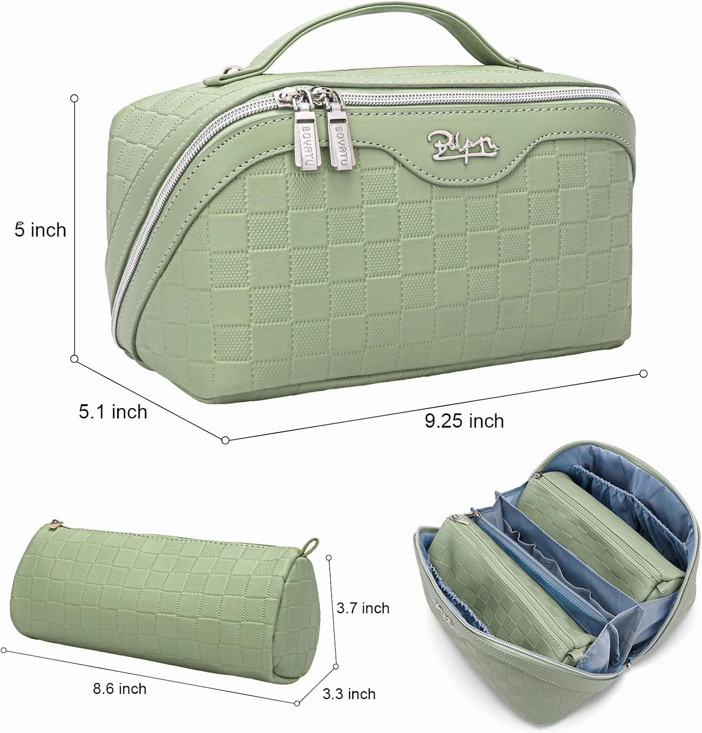 BOYATU Travel Makeup Bag Organizer Cosmetic Bag: 3 Pcs Set Make up Bags for Women with Handle - Waterproof Vegan Leather Toiletry Bags with Comparments (C-06-Green)