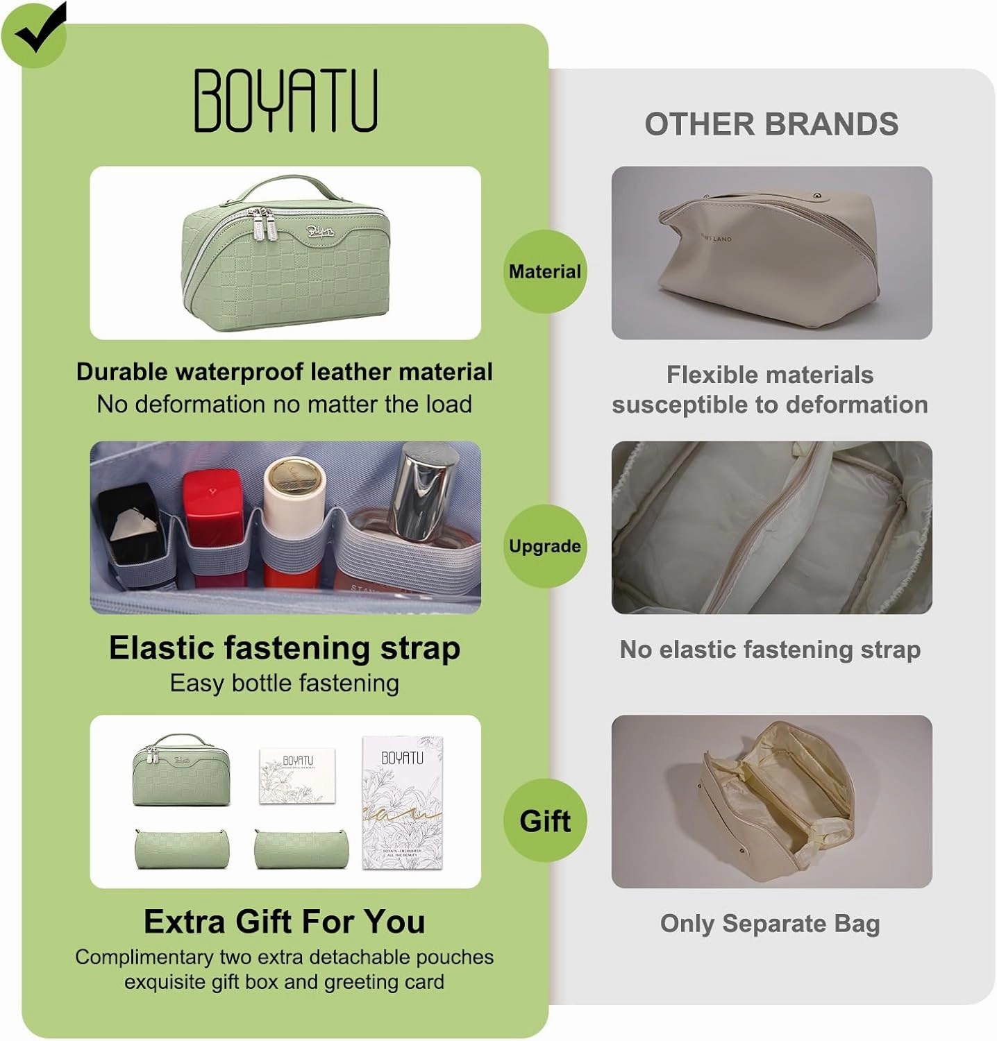 BOYATU Travel Makeup Bag Organizer Cosmetic Bag: 3 Pcs Set Make up Bags for Women with Handle - Waterproof Vegan Leather Toiletry Bags with Comparments (C-06-Green)