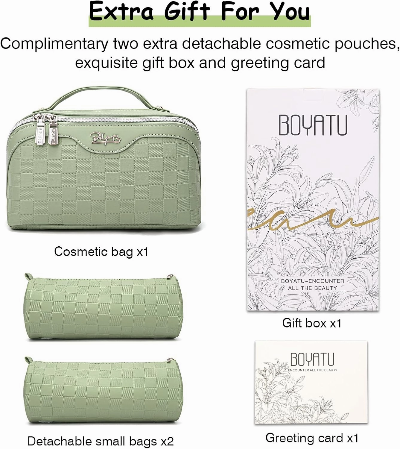 BOYATU Travel Makeup Bag Organizer Cosmetic Bag: 3 Pcs Set Make up Bags for Women with Handle - Waterproof Vegan Leather Toiletry Bags with Comparments (C-06-Green)