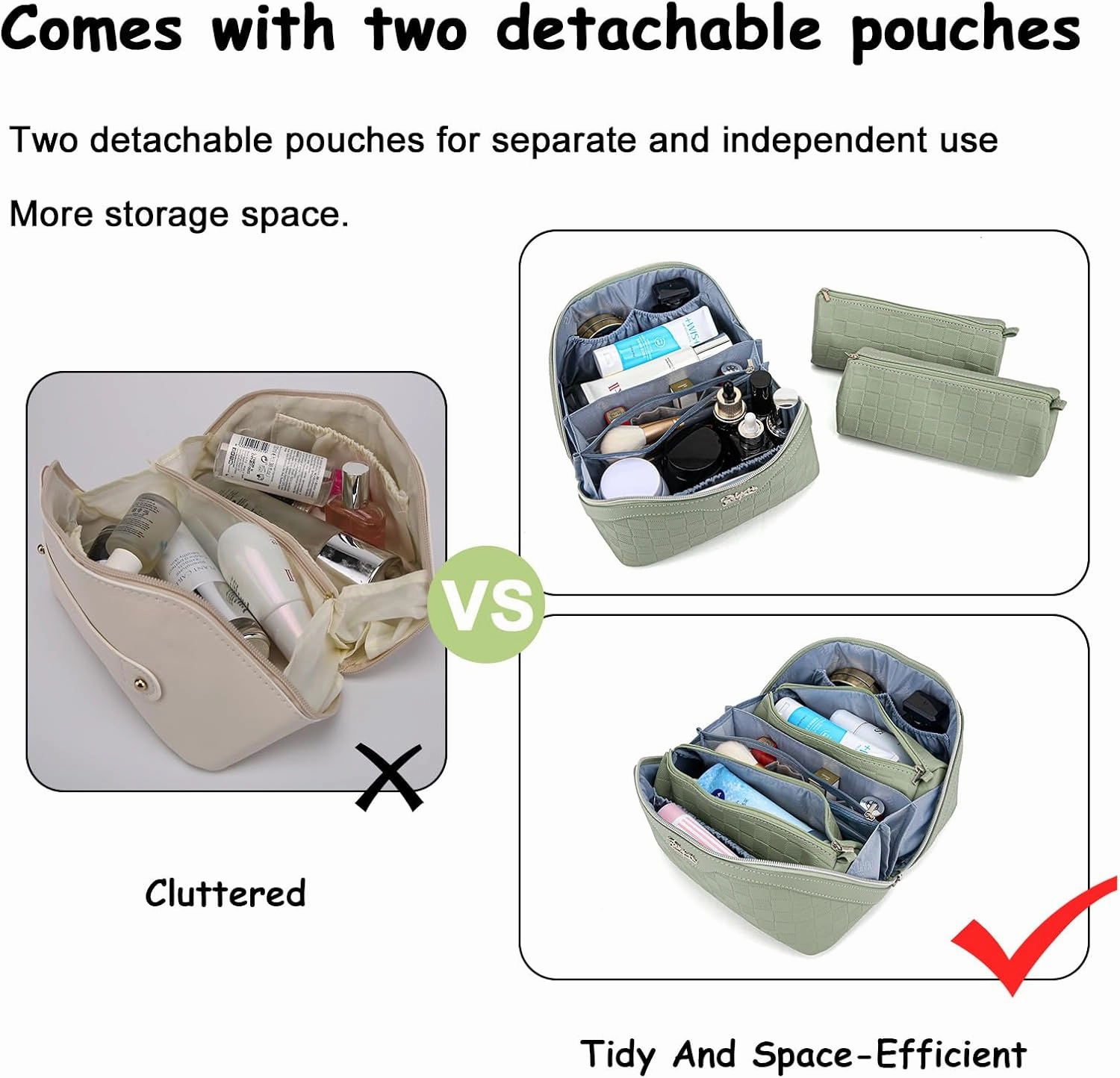 BOYATU Travel Makeup Bag Organizer Cosmetic Bag: 3 Pcs Set Make up Bags for Women with Handle - Waterproof Vegan Leather Toiletry Bags with Comparments (C-06-Green)