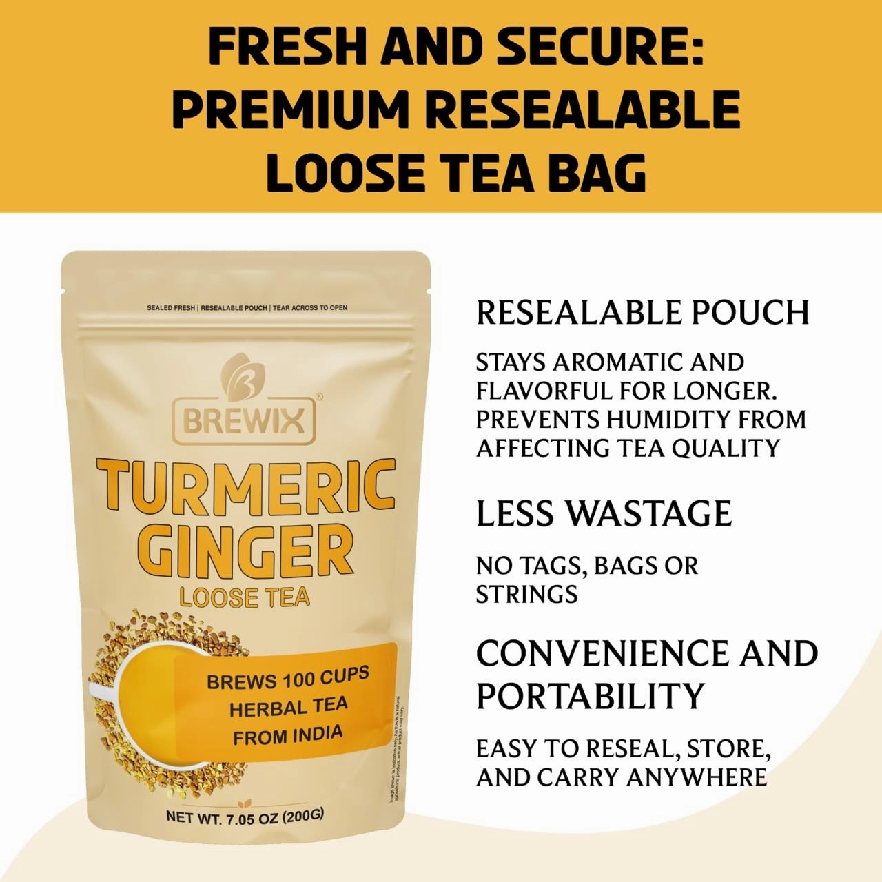 BREWIX, Turmeric Ginger Loose Herbal Tea (100  Cups, 7.05oz/200g) Caffeine & Gluten Free | Ginger Root Tea | Savory & Spicy