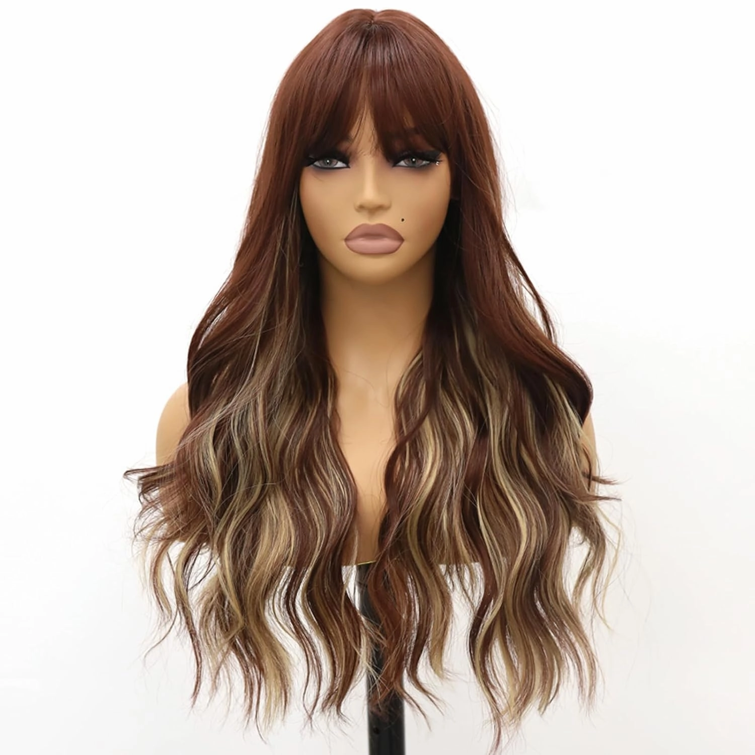 Brown and Gold Streak Wigs with Bangs Body Wave Wig with Air Bangs Synthetic Heat Resistent Dark Brown Glueless Wig for Women Daily Party 24 Inch