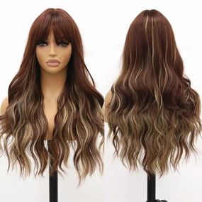 Brown and Gold Streak Wigs with Bangs Body Wave Wig with Air Bangs Synthetic Heat Resistent Dark Brown Glueless Wig for Women Daily Party 24 Inch