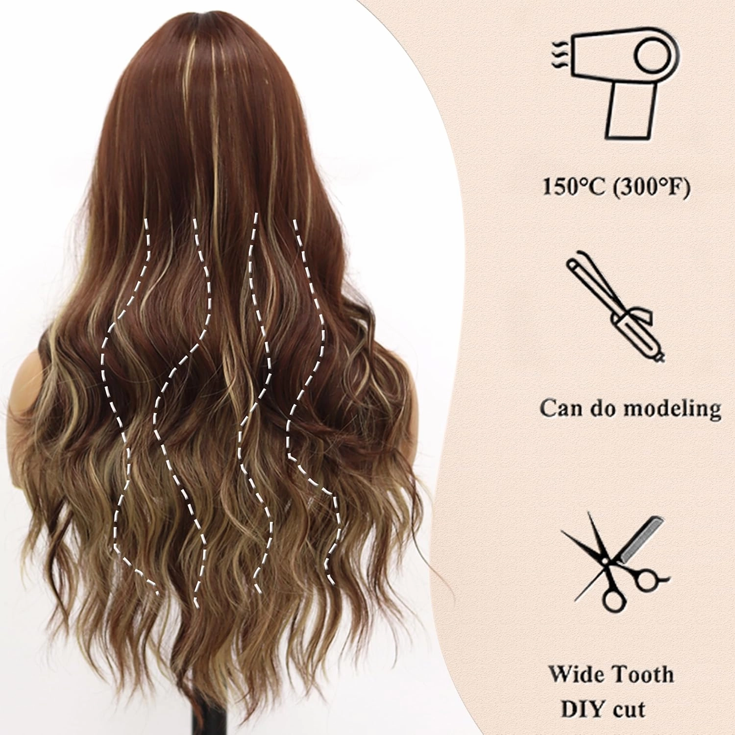 Brown and Gold Streak Wigs with Bangs Body Wave Wig with Air Bangs Synthetic Heat Resistent Dark Brown Glueless Wig for Women Daily Party 24 Inch