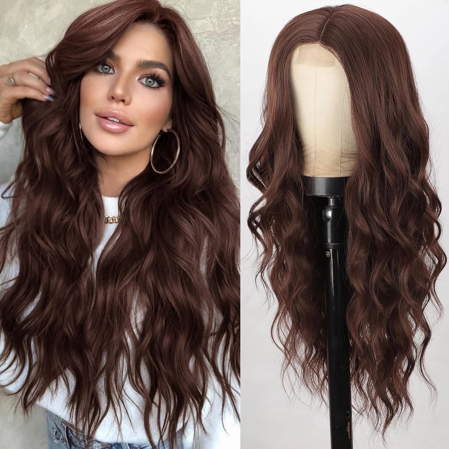 Brown Wig for Women, Long Chocolate Brown Wavy Wigs 26 Inches, Long Natual Looking Synthetic Middle Part Womens Wig Heat Resistant for Daily Party Use