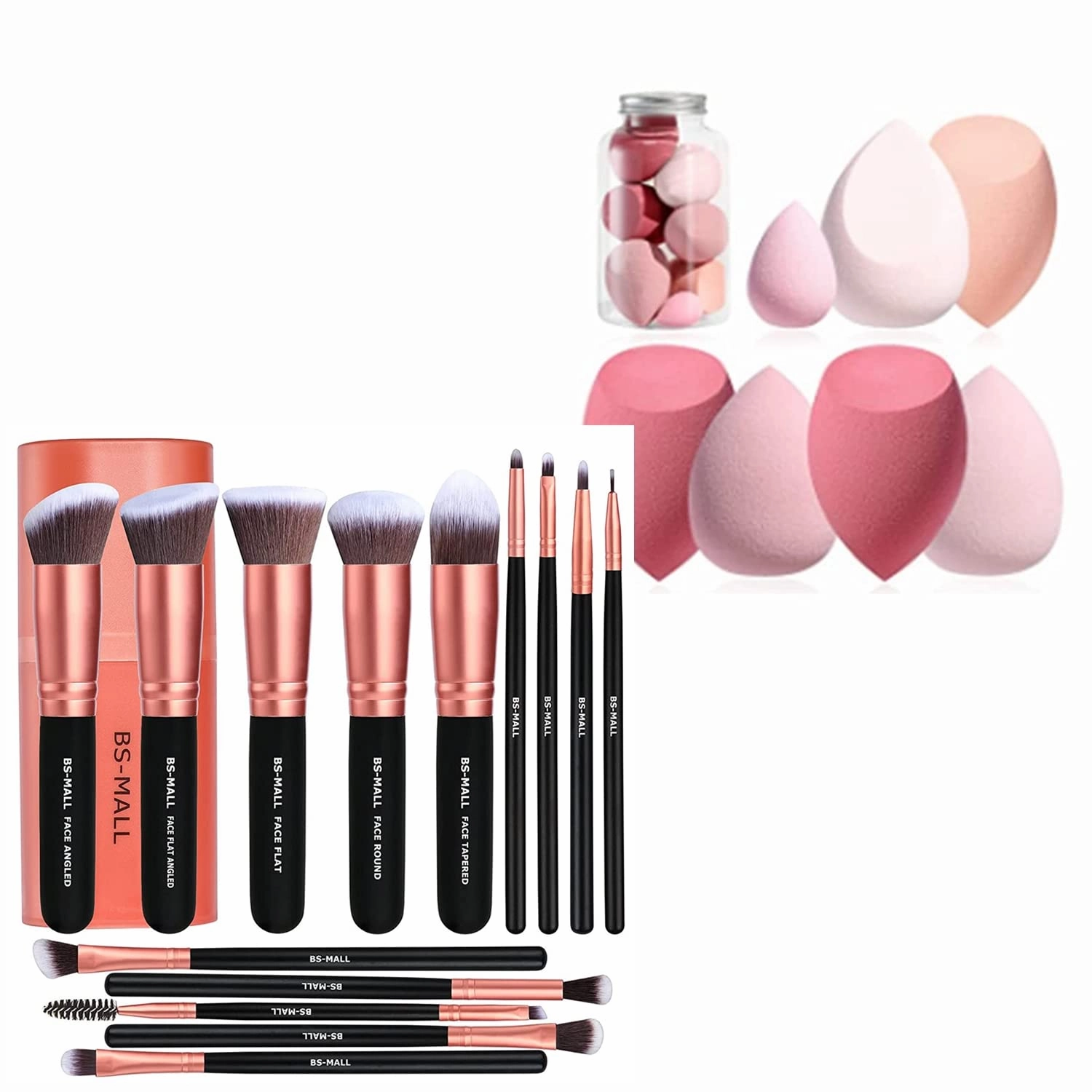 BS-MALL Makeup brushes 14 PCS Rose Golden & Makeup Sponge set