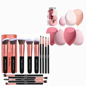 BS-MALL Makeup brushes 14 PCS Rose Golden & Makeup Sponge set