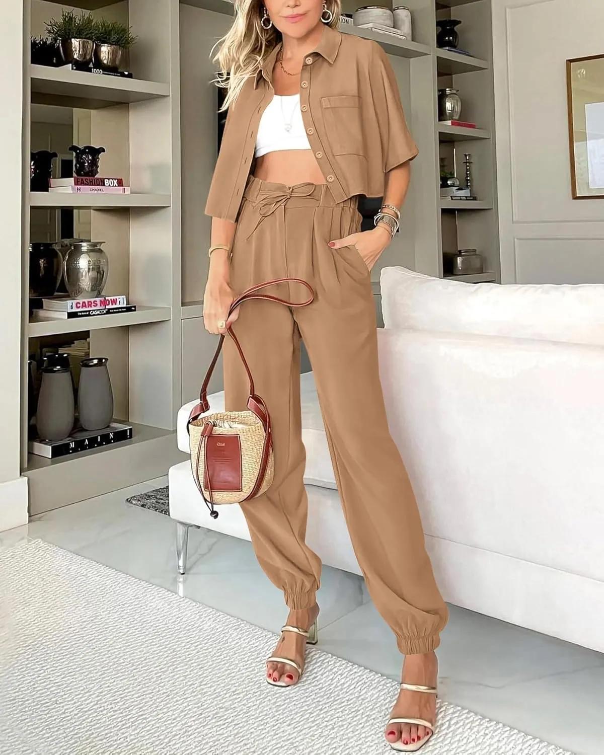 BTFBM Women's 2025 Summer 2 Piece Outfits Tracksuit Short Sleeve Cropped Button Down Shirt Long Pant Lounge Matching Set