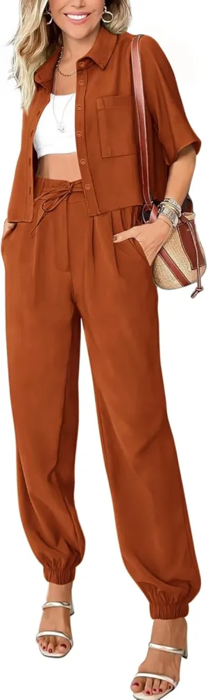 BTFBM Women's 2025 Summer 2 Piece Outfits Tracksuit Short Sleeve Cropped Button Down Shirt Long Pant Lounge Matching Set