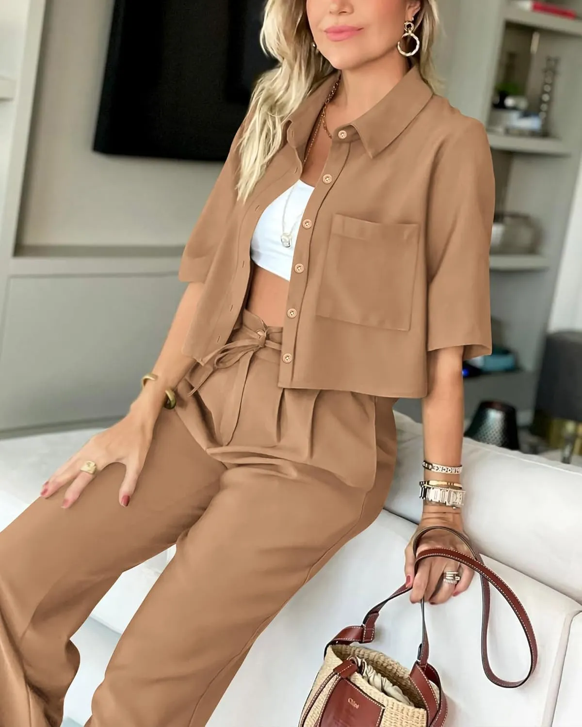 BTFBM Women's 2025 Summer 2 Piece Outfits Tracksuit Short Sleeve Cropped Button Down Shirt Long Pant Lounge Matching Set