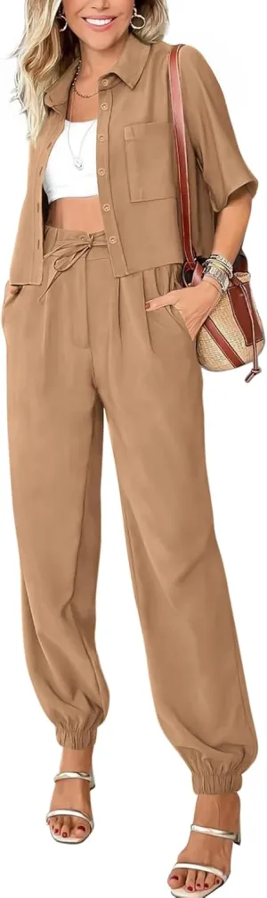 BTFBM Women's 2025 Summer 2 Piece Outfits Tracksuit Short Sleeve Cropped Button Down Shirt Long Pant Lounge Matching Set