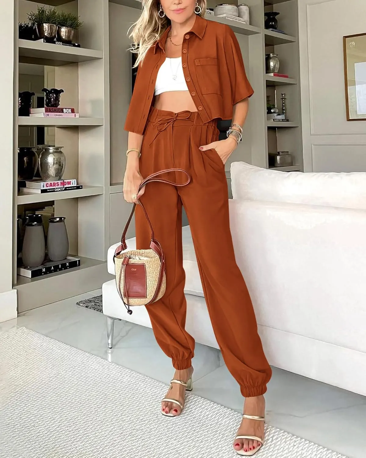 BTFBM Women's 2025 Summer 2 Piece Outfits Tracksuit Short Sleeve Cropped Button Down Shirt Long Pant Lounge Matching Set