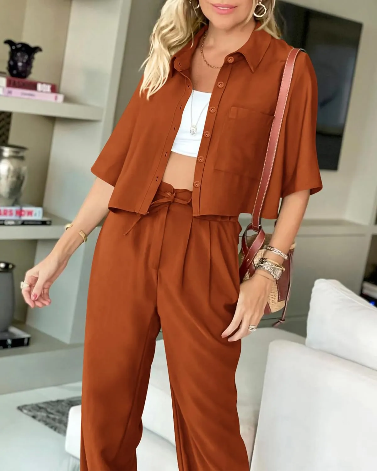 BTFBM Women's 2025 Summer 2 Piece Outfits Tracksuit Short Sleeve Cropped Button Down Shirt Long Pant Lounge Matching Set