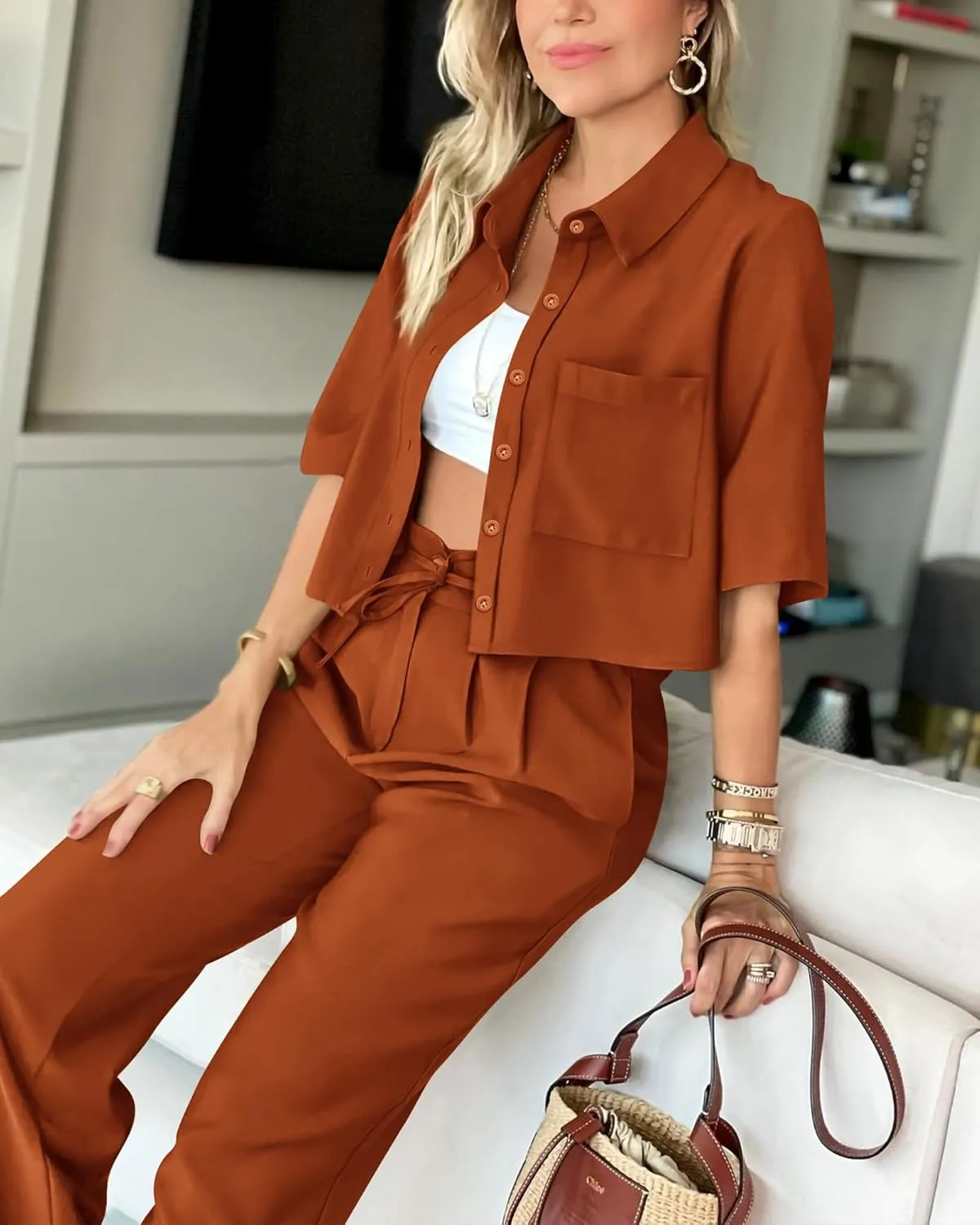 BTFBM Women's 2025 Summer 2 Piece Outfits Tracksuit Short Sleeve Cropped Button Down Shirt Long Pant Lounge Matching Set