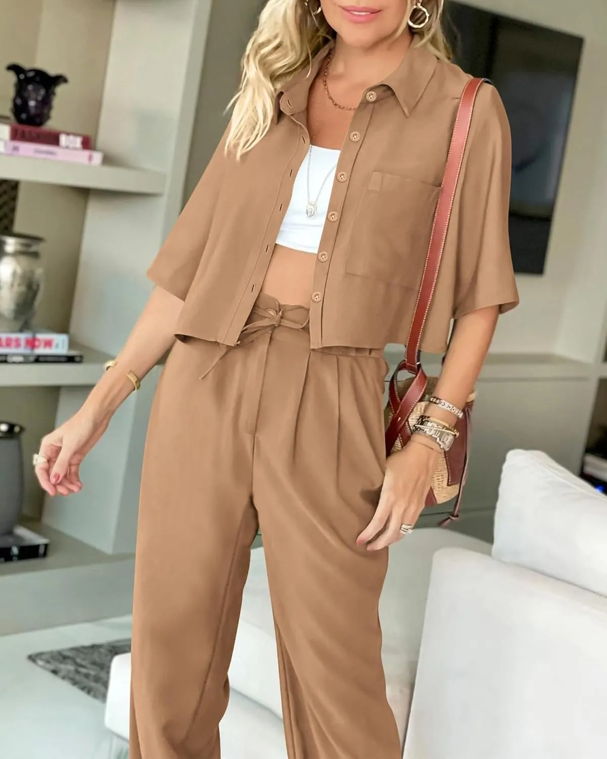BTFBM Women's 2025 Summer 2 Piece Outfits Tracksuit Short Sleeve Cropped Button Down Shirt Long Pant Lounge Matching Set