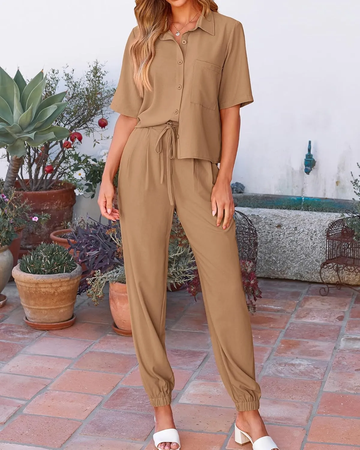 BTFBM Women's 2025 Summer 2 Piece Outfits Tracksuit Short Sleeve Cropped Button Down Shirt Long Pant Lounge Matching Set