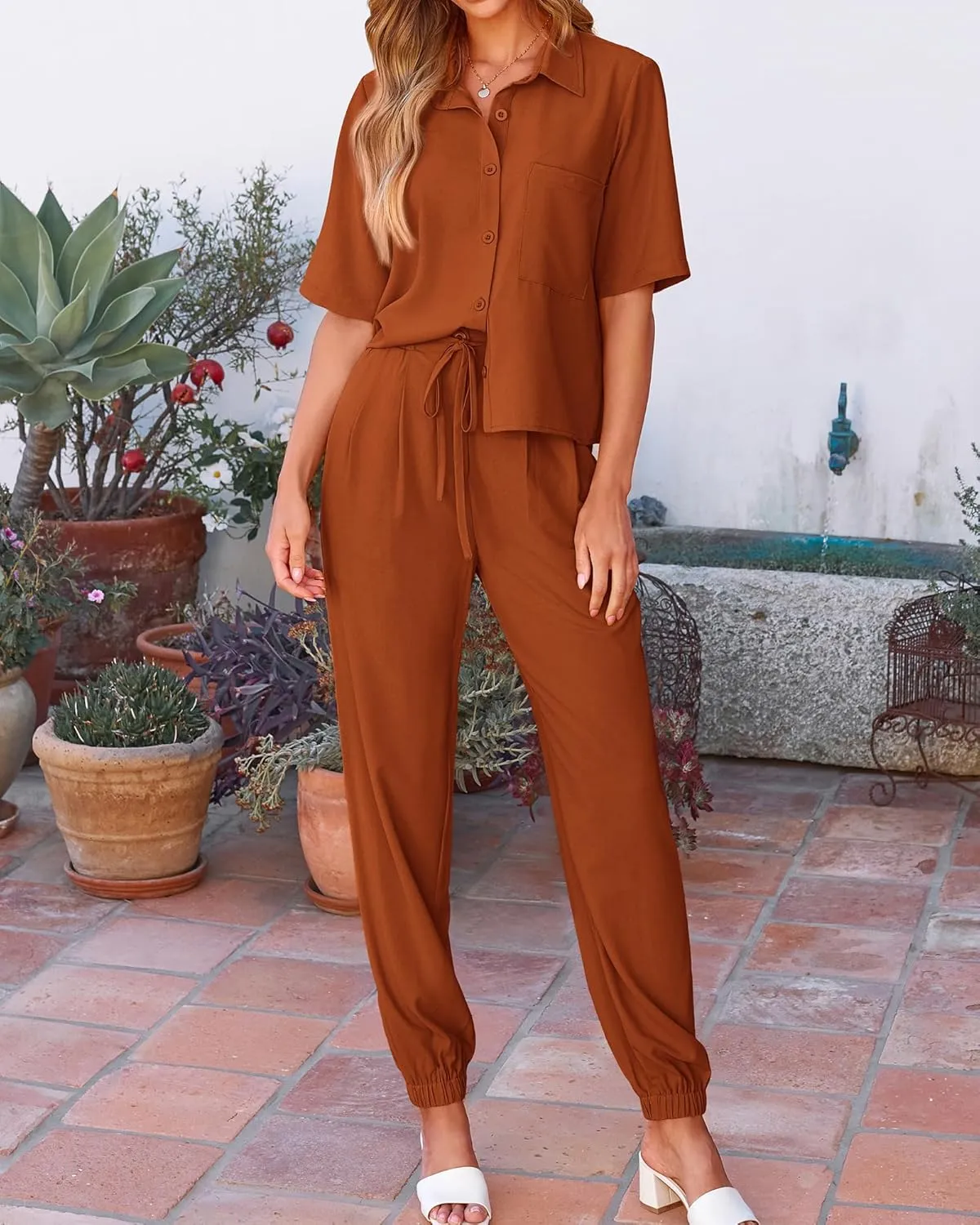 BTFBM Women's 2025 Summer 2 Piece Outfits Tracksuit Short Sleeve Cropped Button Down Shirt Long Pant Lounge Matching Set