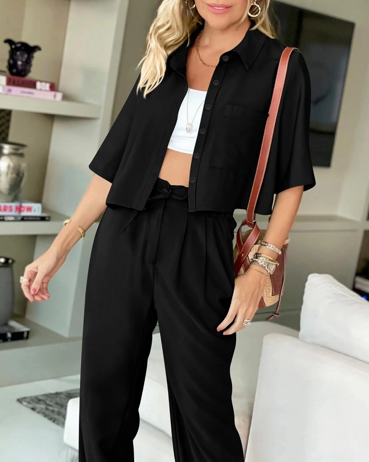 BTFBM Women's 2025 Summer 2 Piece Outfits Tracksuit Short Sleeve Cropped Button Down Shirt Long Pant Lounge Matching Set