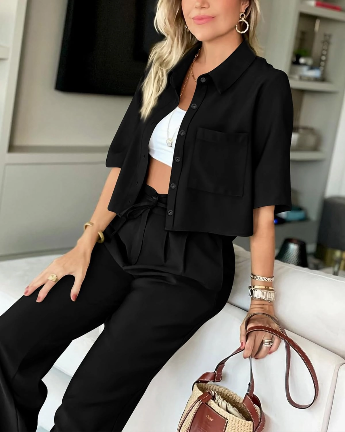BTFBM Women's 2025 Summer 2 Piece Outfits Tracksuit Short Sleeve Cropped Button Down Shirt Long Pant Lounge Matching Set