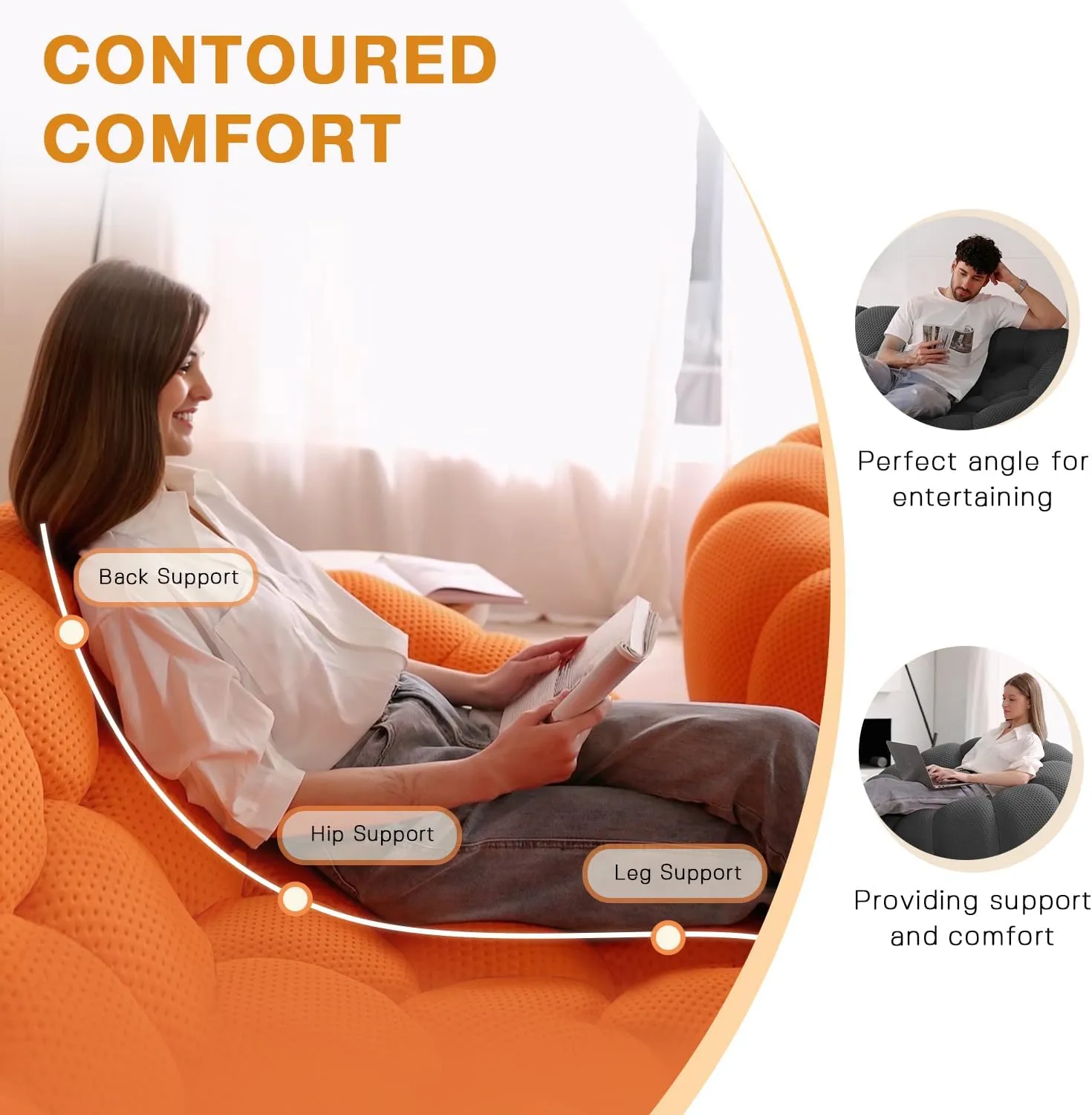 Bubble Couch,49.21'' Single Sofa,Mesh Fabric Lazy Floor Sofa, 3D Honeycomb Shape Curved Couch for Living Room, Office, Apartment (Orange, 48.43" D)