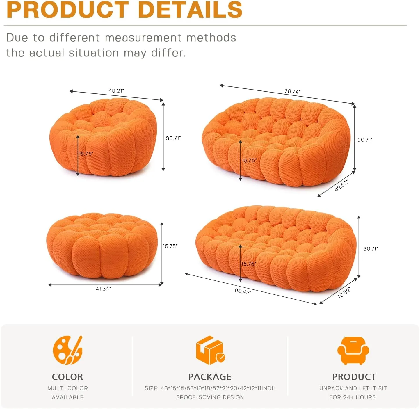 Bubble Couch,49.21'' Single Sofa,Mesh Fabric Lazy Floor Sofa, 3D Honeycomb Shape Curved Couch for Living Room, Office, Apartment (Orange, 48.43" D)