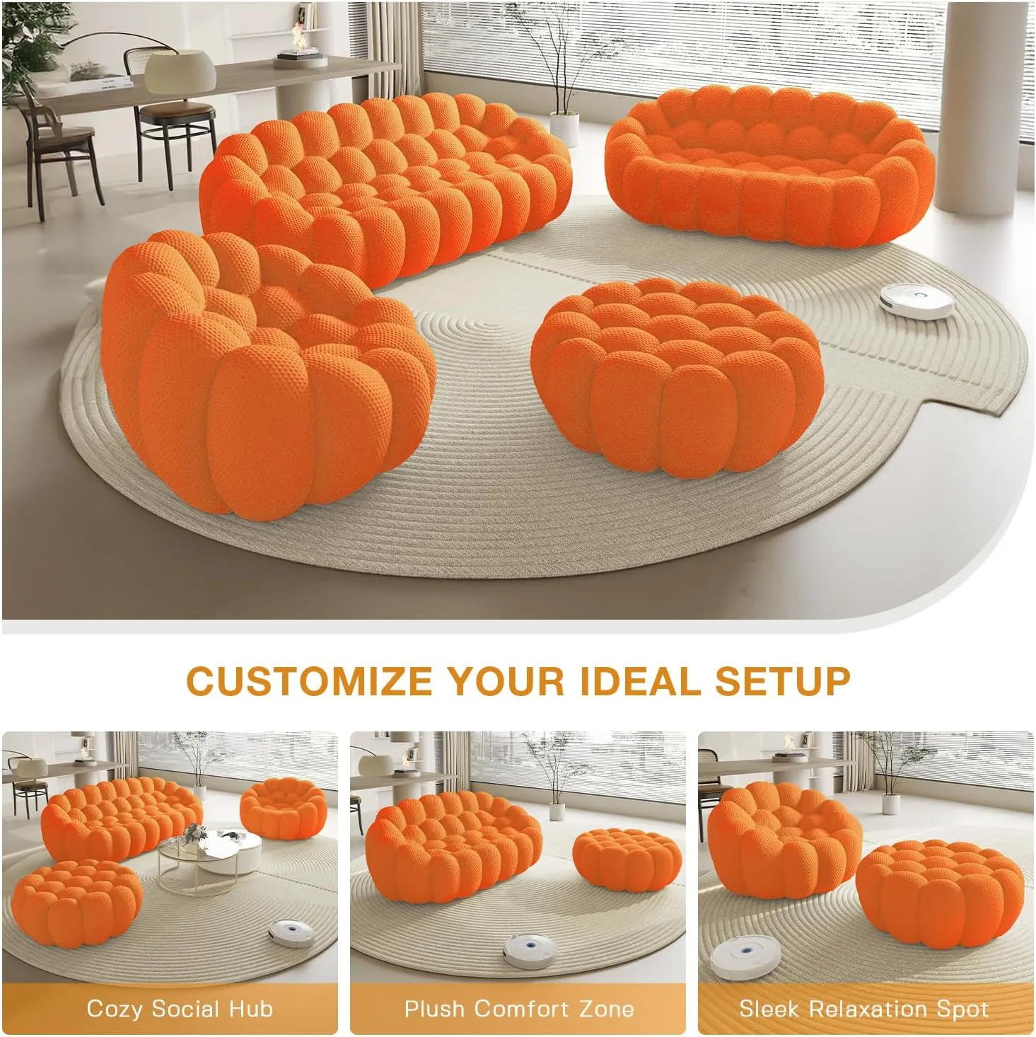 Bubble Couch,49.21'' Single Sofa,Mesh Fabric Lazy Floor Sofa, 3D Honeycomb Shape Curved Couch for Living Room, Office, Apartment (Orange, 48.43" D)