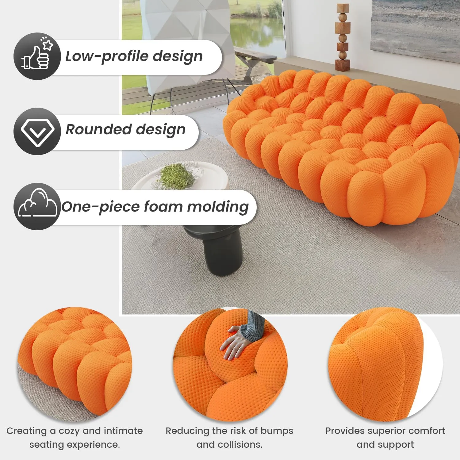 Bubble Couch,49.21'' Single Sofa,Mesh Fabric Lazy Floor Sofa, 3D Honeycomb Shape Curved Couch for Living Room, Office, Apartment (Orange, 48.43" D)