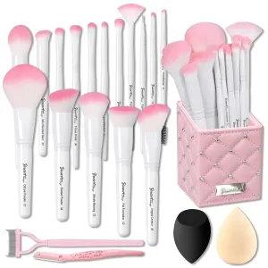 Bueart Design 16Pcs ULTRA SOFT labeled Makeup Brushes set with brush Holder face brush for Foundation Powder Blending Blush wooden Handle(16Pcs White Pink Holder)