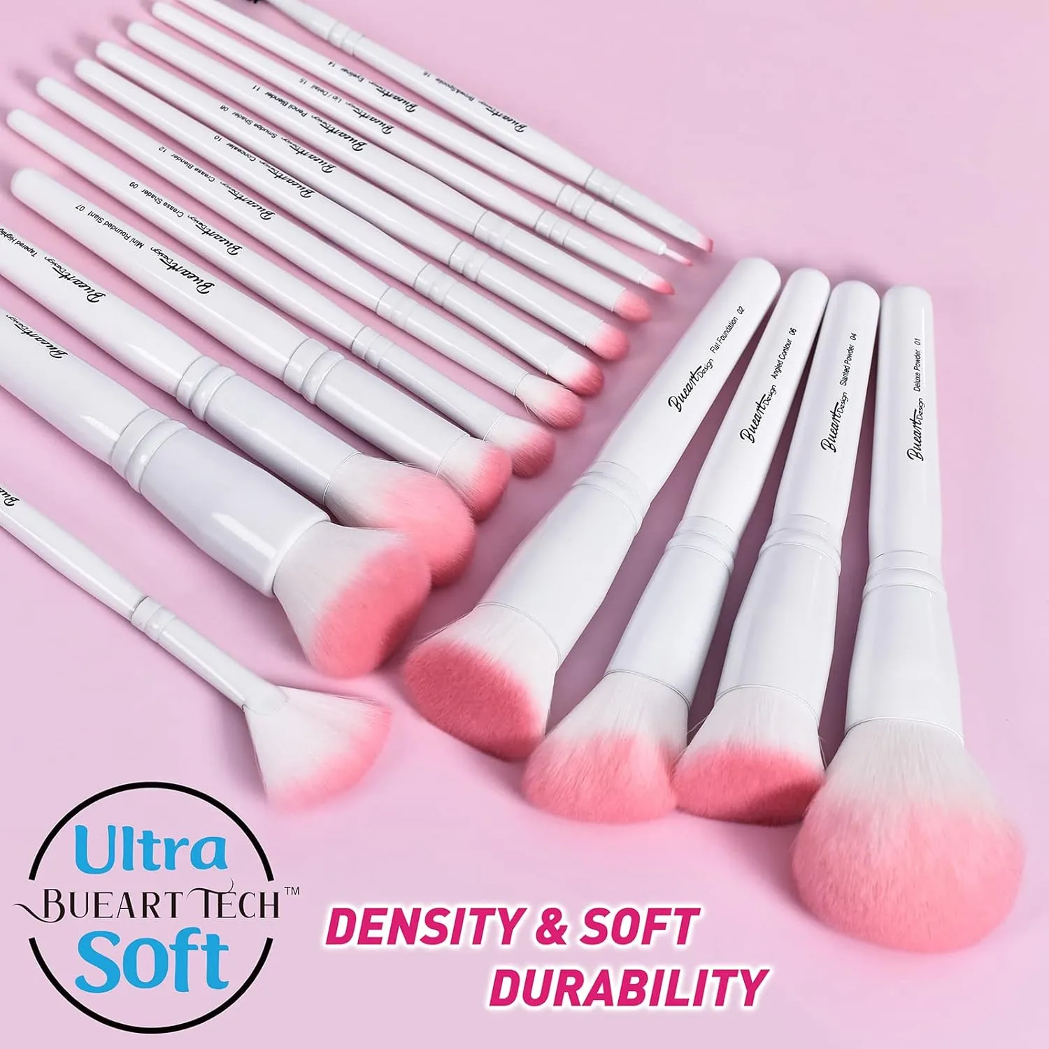 Bueart Design 16Pcs ULTRA SOFT labeled Makeup Brushes set with brush Holder face brush for Foundation Powder Blending Blush wooden Handle(16Pcs White Pink Holder)