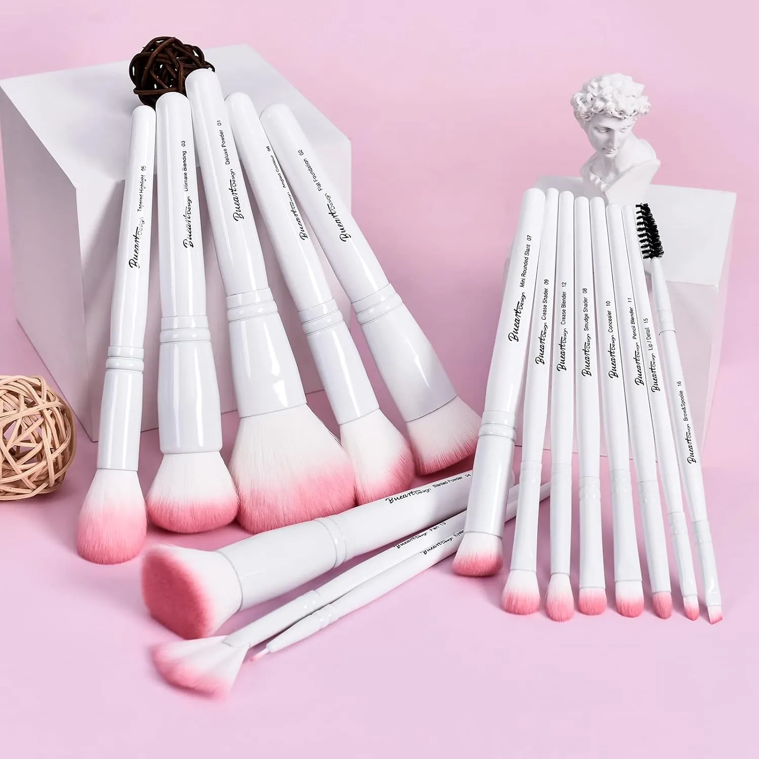 Bueart Design 16Pcs ULTRA SOFT labeled Makeup Brushes set with brush Holder face brush for Foundation Powder Blending Blush wooden Handle(16Pcs White Pink Holder)
