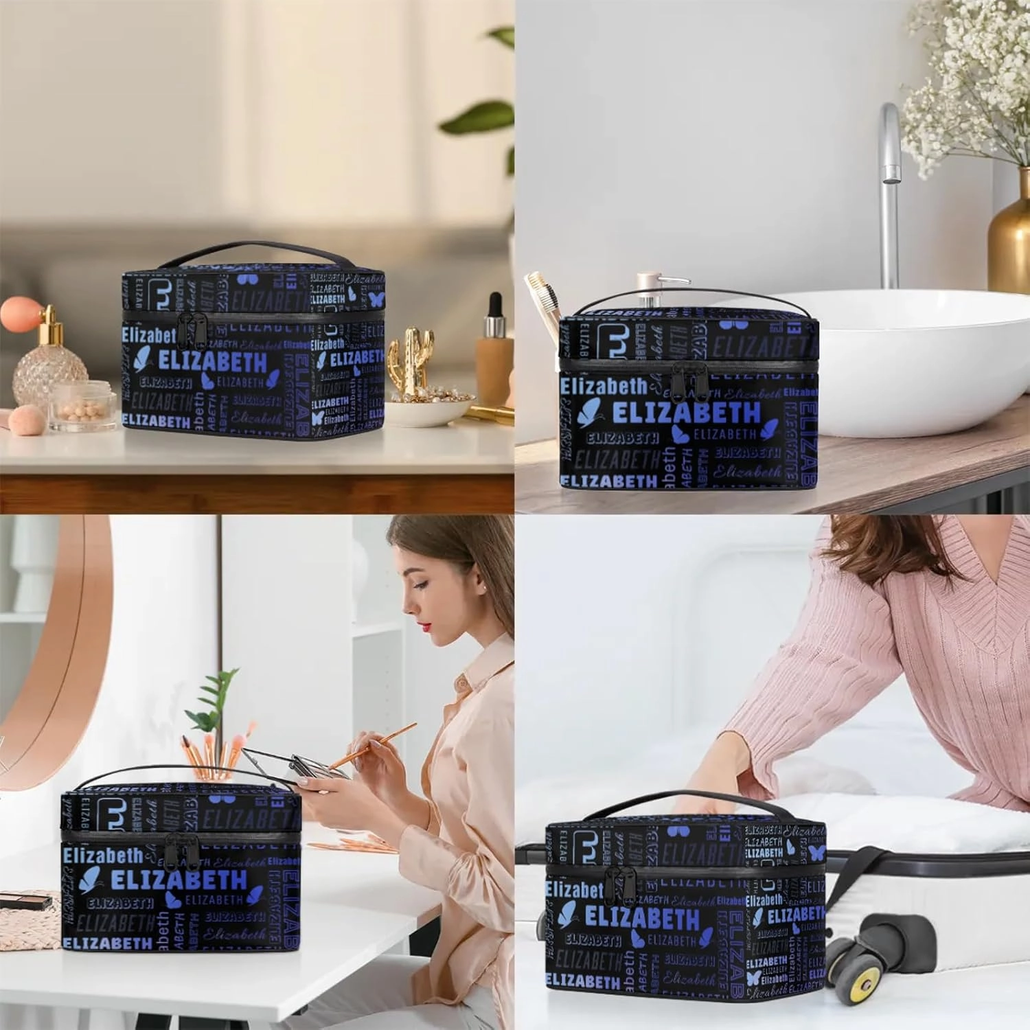 Butterfly Custom Name Makeup Bags Personalized Large Cosmetic Case Portable Travel Make Up Organizer for Women Girls With Handle, Gradient Blue