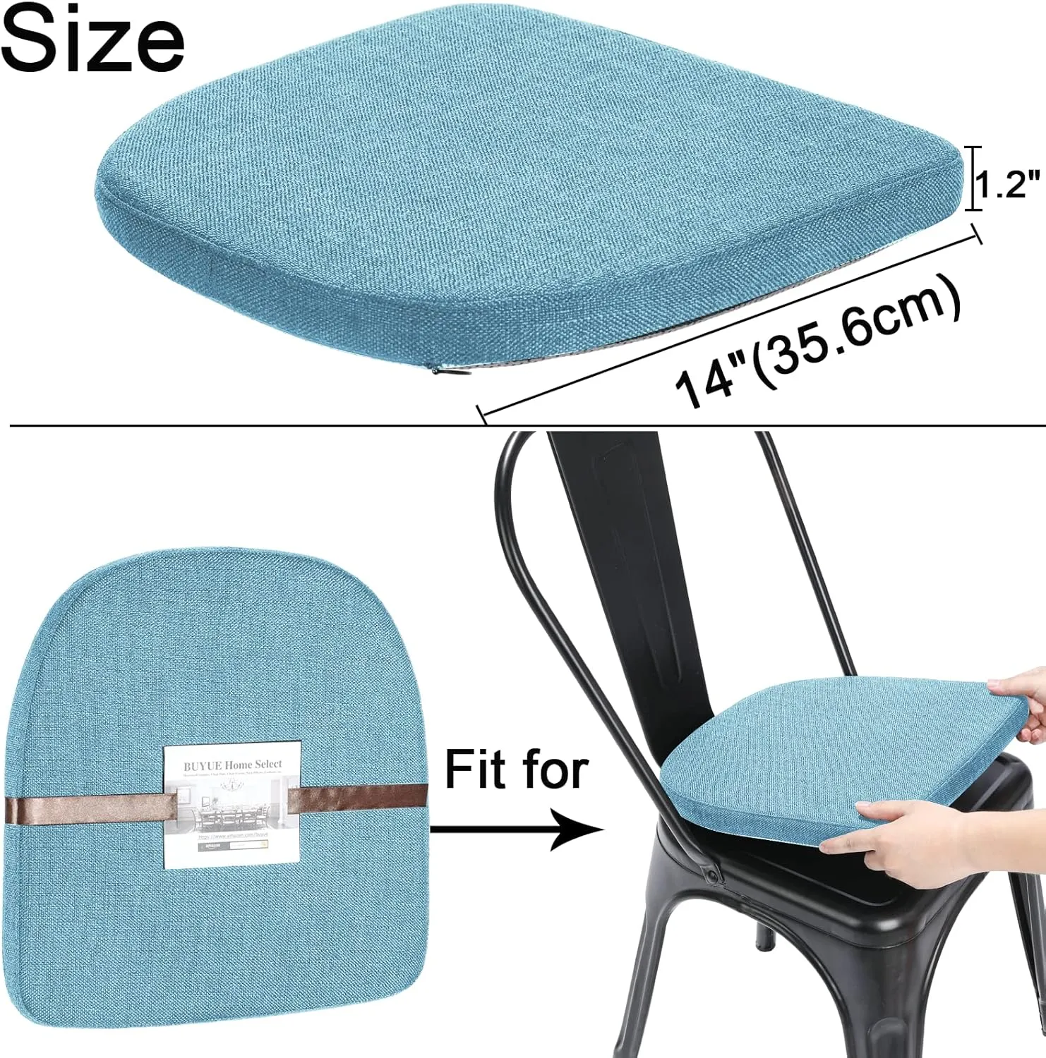 BUYUE Friendly Woven Fabric 14x14 Magnetic Cushions for Metal Chair Set of 4, Enhanced Anti-Slip Seat Pads for Dining Kitchen Café Stackable Chairs (U-Shape, Light Blue, 4 Counts)