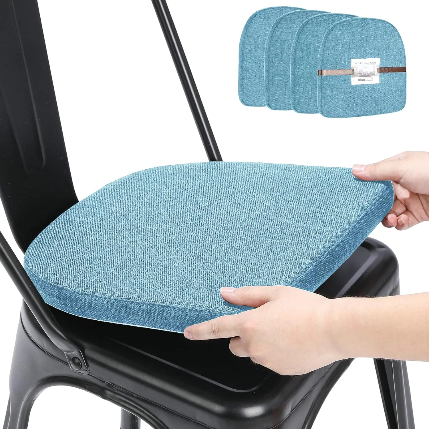BUYUE Friendly Woven Fabric 14x14 Magnetic Cushions for Metal Chair Set of 4, Enhanced Anti-Slip Seat Pads for Dining Kitchen Café Stackable Chairs (U-Shape, Light Blue, 4 Counts)