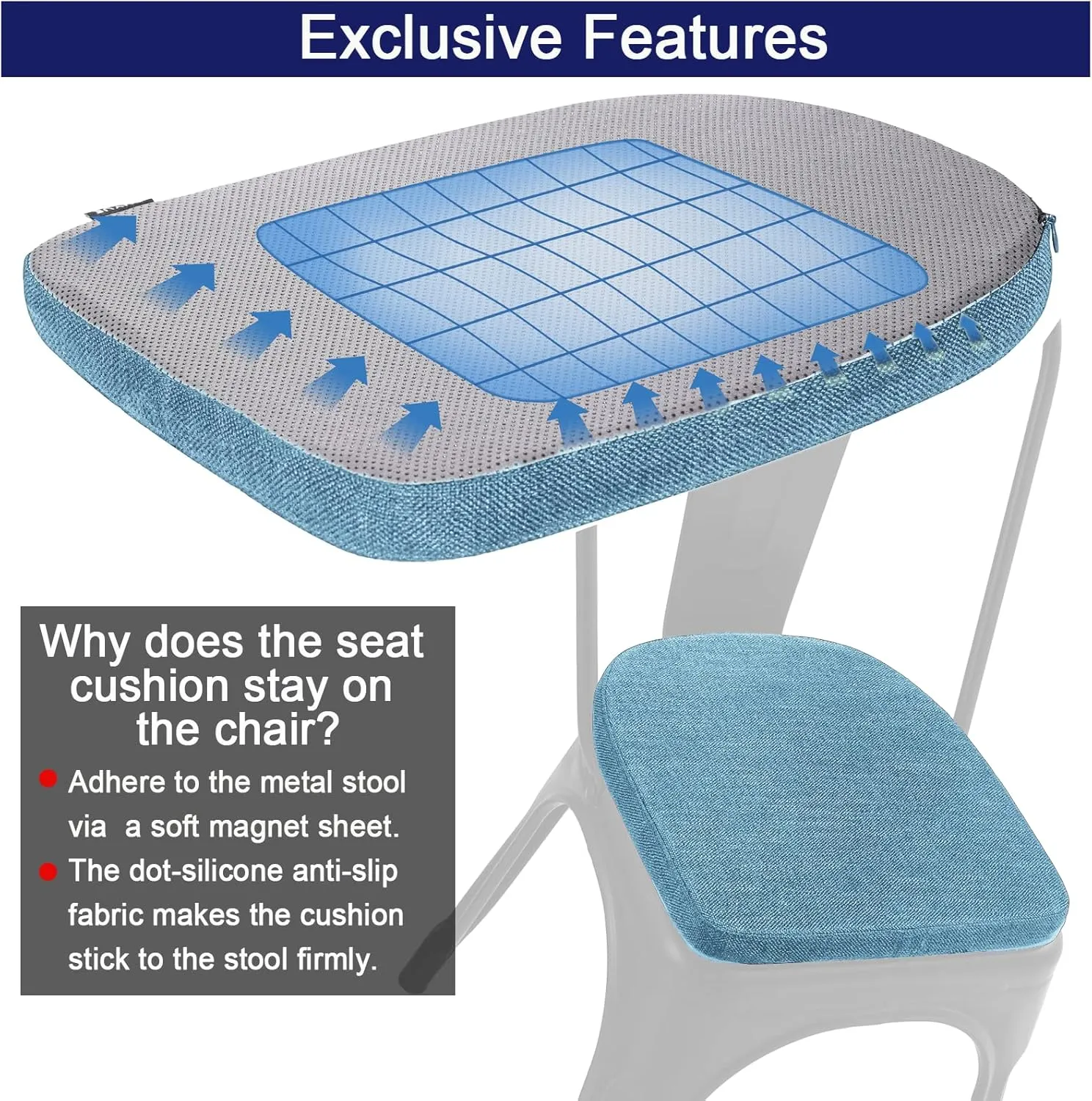 BUYUE Friendly Woven Fabric 14x14 Magnetic Cushions for Metal Chair Set of 4, Enhanced Anti-Slip Seat Pads for Dining Kitchen Café Stackable Chairs (U-Shape, Light Blue, 4 Counts)
