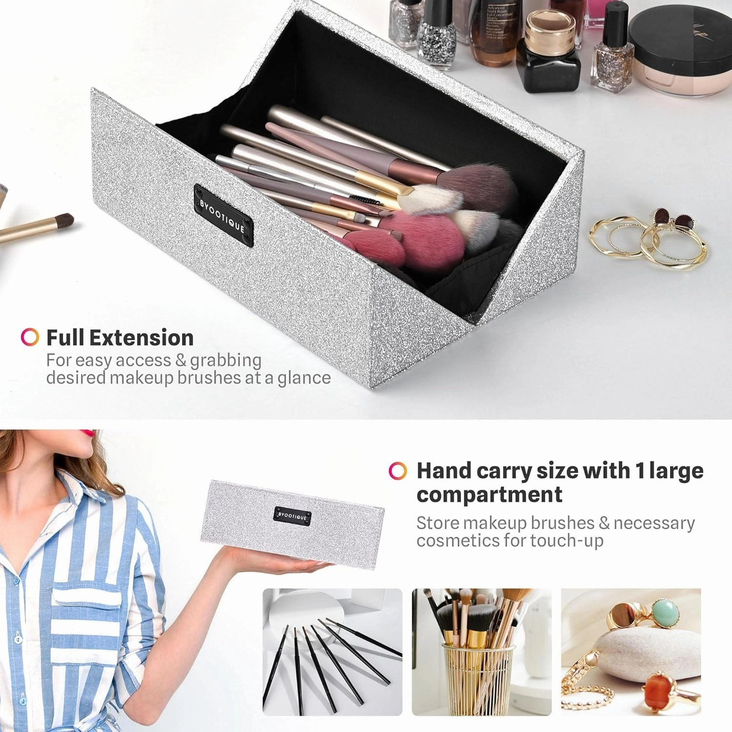 BYOOTIQUE Makeup Brush Holder Case PU Cosmetic Make up Brush Organizer Storage Professional Cosmetic Bag Travel Makeup Artist Case for brushes Lipsticks Eyeliners, Silver Glitter
