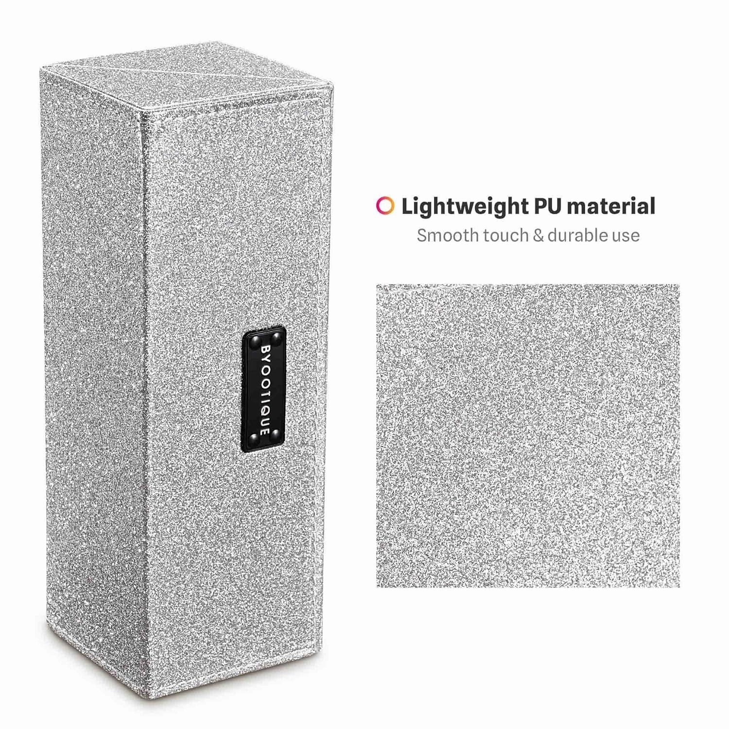 BYOOTIQUE Makeup Brush Holder Case PU Cosmetic Make up Brush Organizer Storage Professional Cosmetic Bag Travel Makeup Artist Case for brushes Lipsticks Eyeliners, Silver Glitter