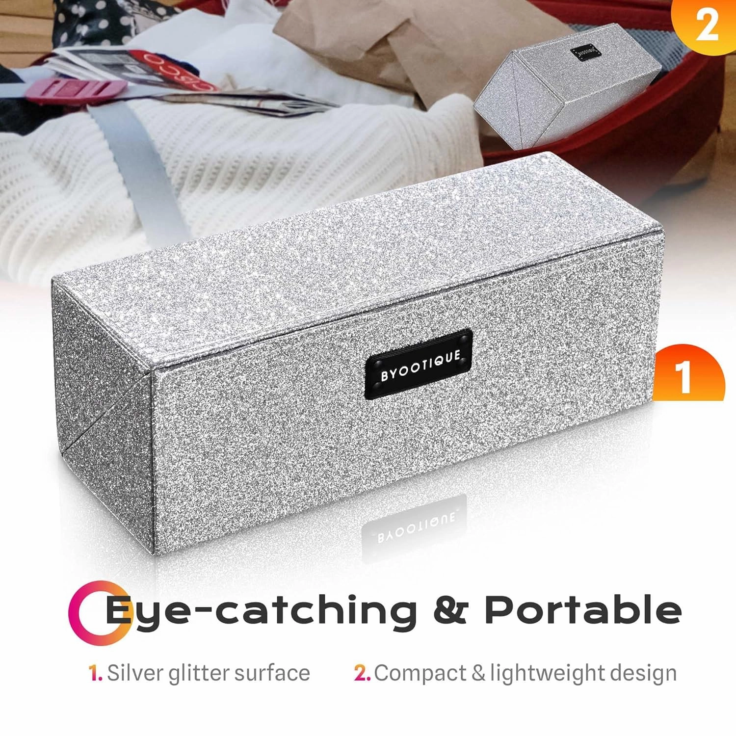 BYOOTIQUE Makeup Brush Holder Case PU Cosmetic Make up Brush Organizer Storage Professional Cosmetic Bag Travel Makeup Artist Case for brushes Lipsticks Eyeliners, Silver Glitter